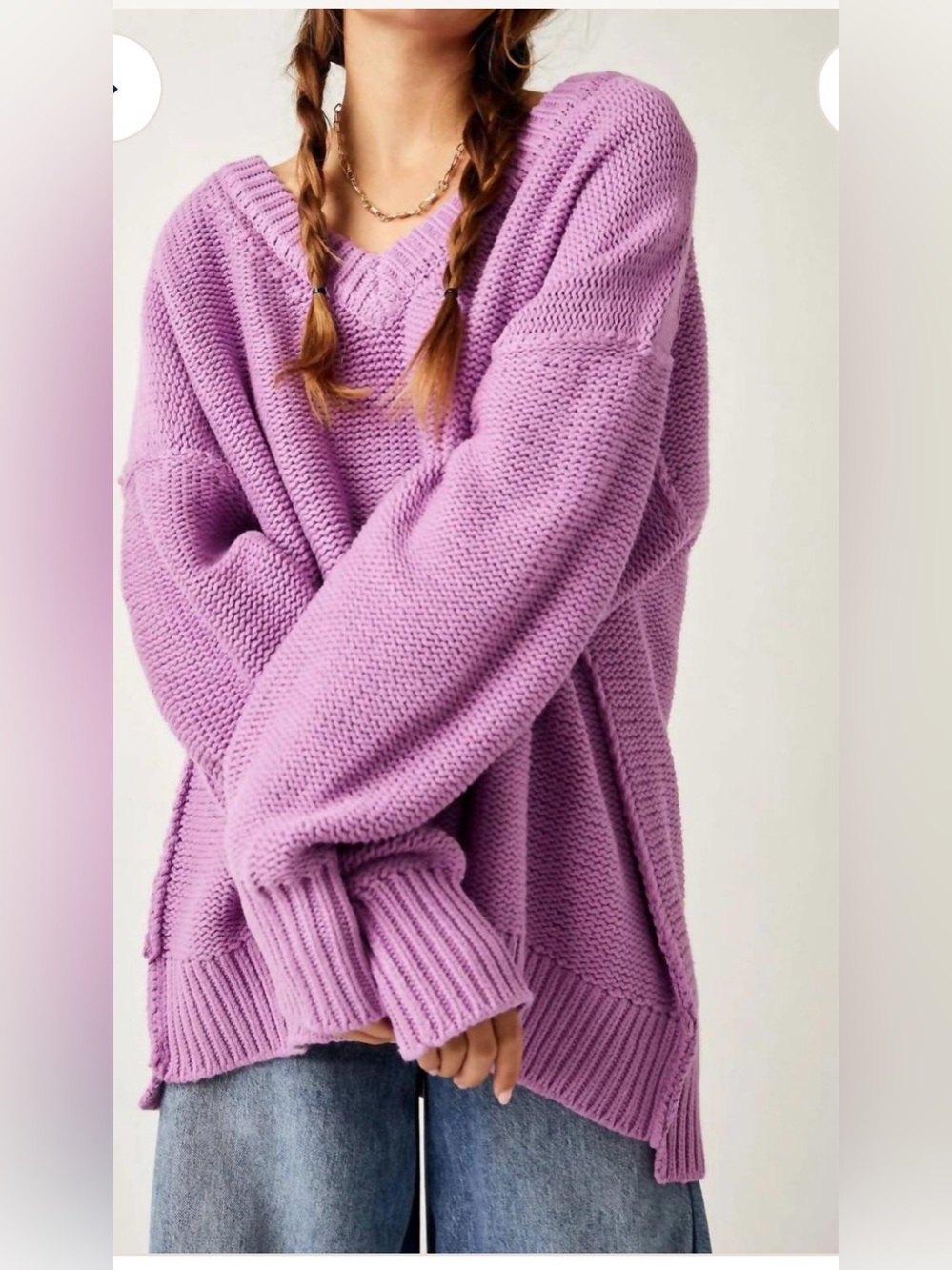 Free People Alli V-Neck Cotton Knit Oversize Sweater Purple , Large
